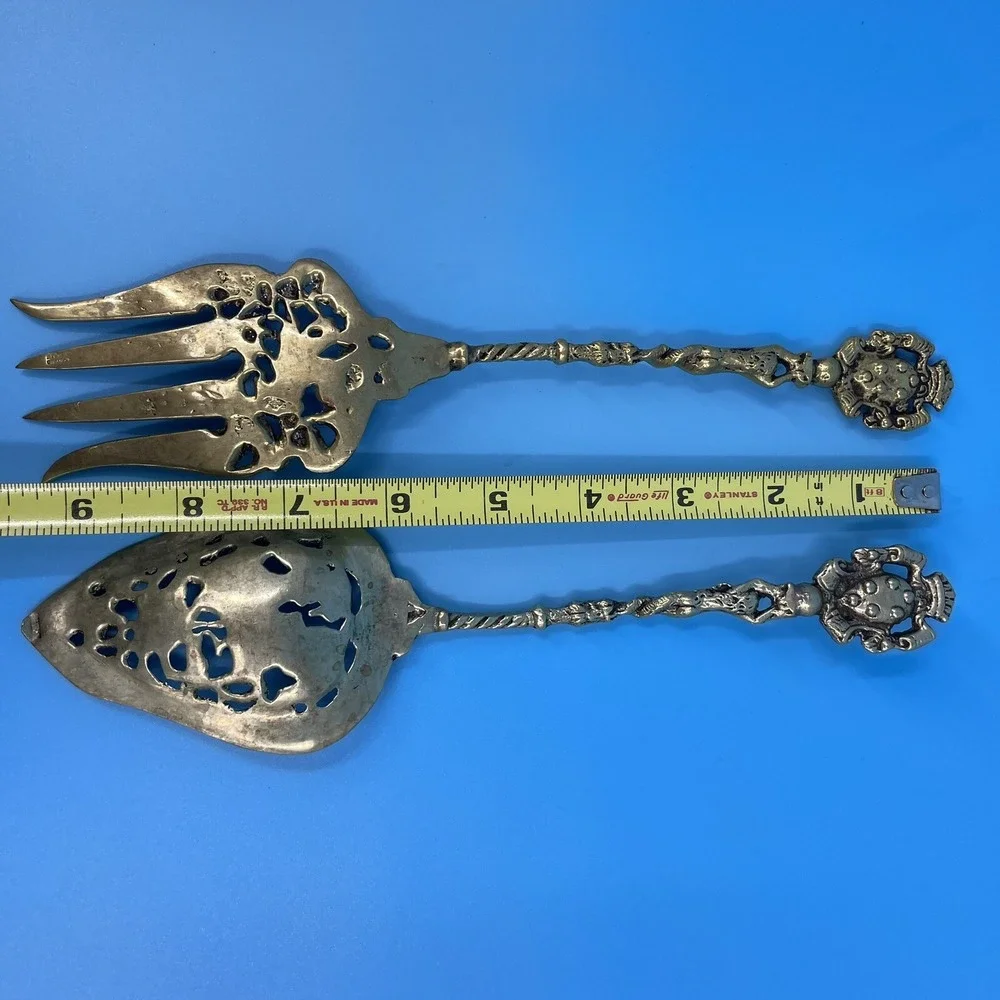 Vintage Ornate Silver Plated‎ Knight Mermaid Pierced Salad Serving Set 2pc